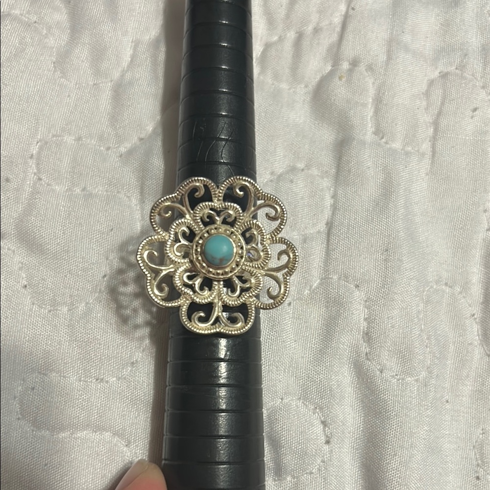 Elegant Silver and Turquoise Floral Ring